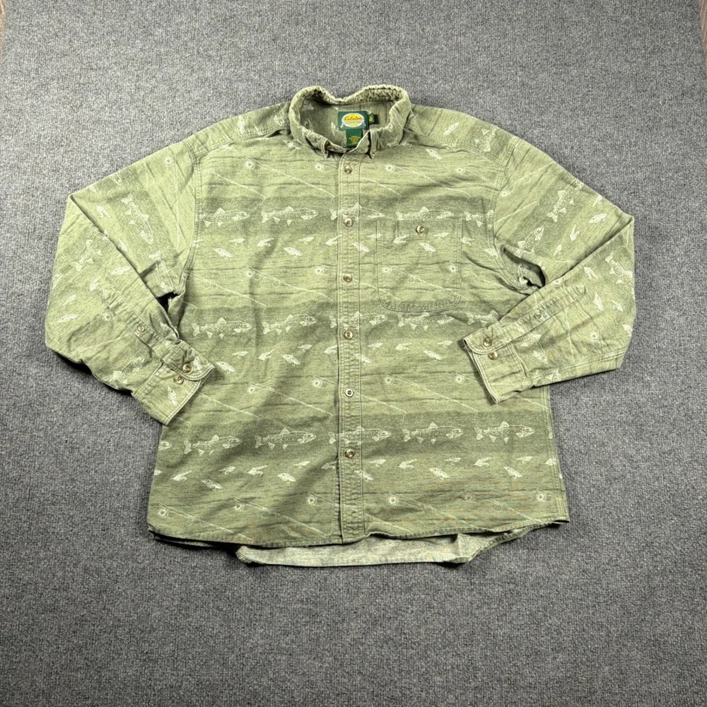 Cabelas Fishing Shirt Green Trout Fly Rod Mens XL Cotton Button Up Made in Peru
